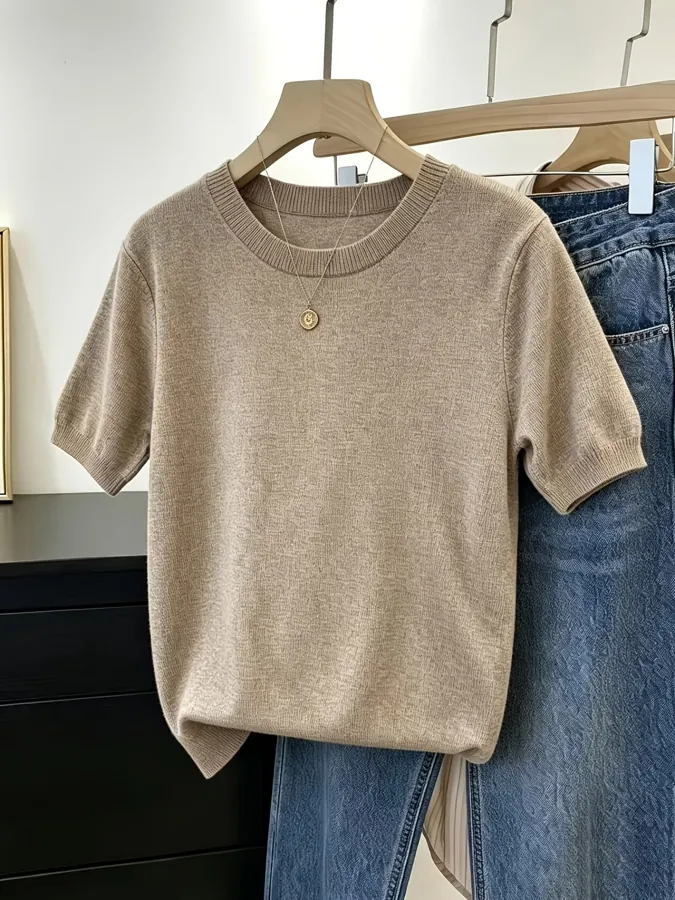 2026 Spring/Summer New Arrival Solid Color Versatile Simple Women's Sweater Top Short Slee — photo 1